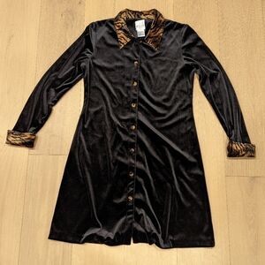 90's Black Velvet Button-Up Dress with Animal Print Accents